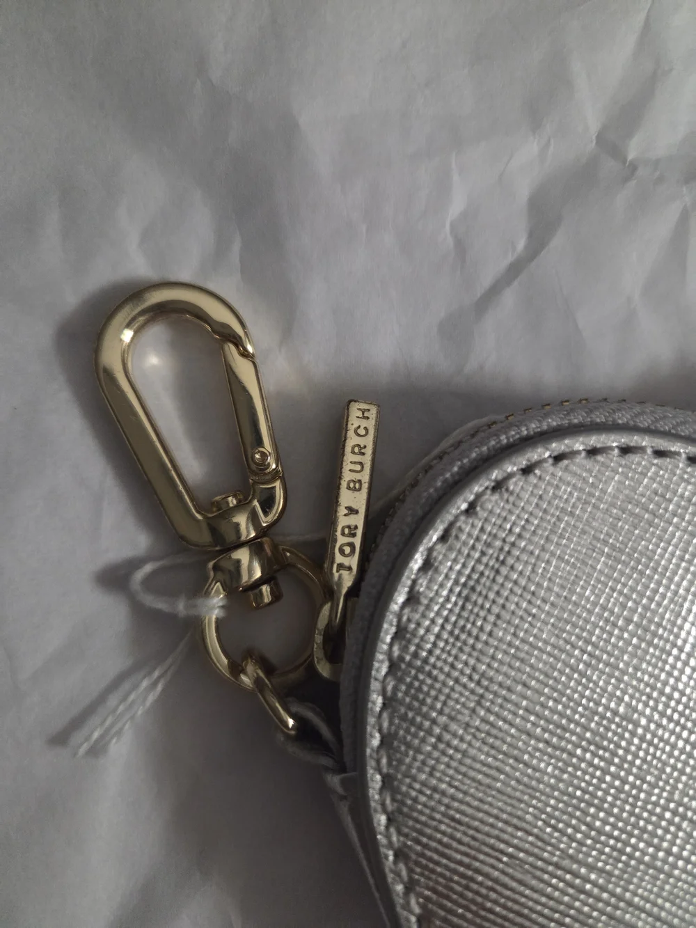 Tory Burch Heart Coin Purse Keychain - Metallic Silver NWOT